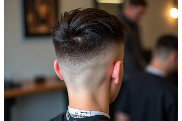 Zadowolony klient z perfekcyjnie wykonaną fryzurą męską, nowoczesny i elegancki styl.