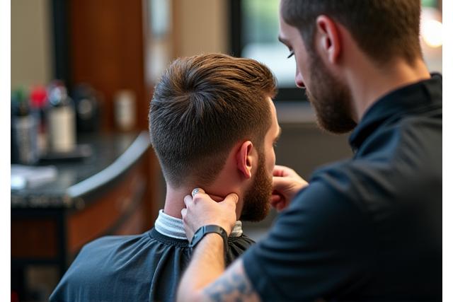 Doświadczony fryzjer precyzyjnie strzyżący włosy klienta w eleganckim otoczeniu barbershopu.