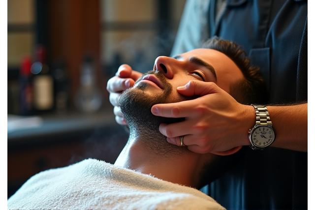Barber wykonujący tradycyjne, gorące golenie brzytwą z użyciem piany dla klienta.