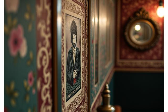 Zbliżenie na eleganckie detale dekoracyjne, takie jak grafika ścienna lub antyki w barbershopie.