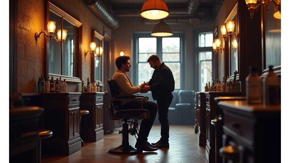 Wnętrze salonu Szable & Brzytwy z klientem na krześle barberskim